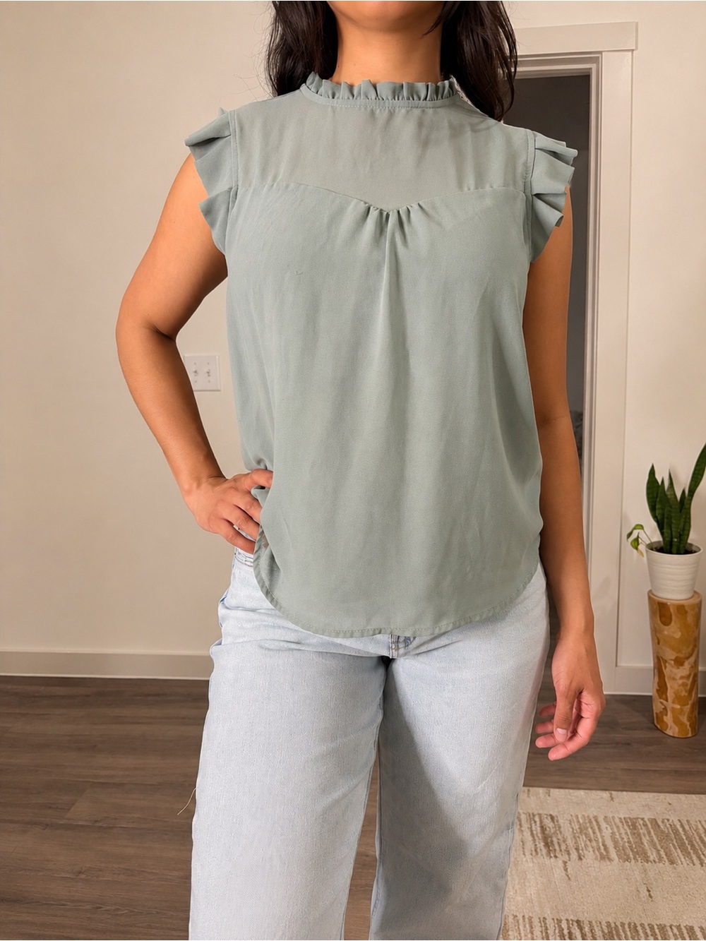 Sleeveless Ruffle Neck Top in Sage Green